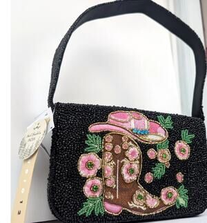 Beaded Cowgirl Western Shoulder Bag Y2K Cowboy Boot Hat Florals Hand Beaded NEW